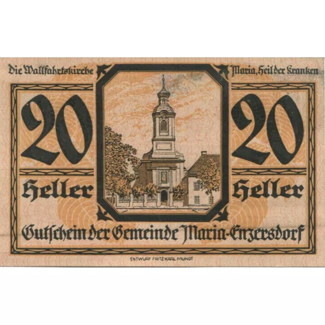 [#284185] Banknote, Austria, Enzersdorf, 20 Heller, Eglise, 1920 UNC(63) Mehl:FS