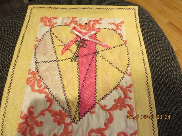Quilted "Crazy Heart Shape" --11" X 13"--Embroidered Fabric--Metal Key--#V2A-3