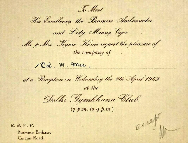 Invitation Burmese Embassy Meet Ambassador Burma New Delhi Gymkhana Club 1949 2