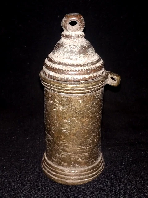 Antique Indian Bronze Cylinder Shape Betel Lime Box Bottle Old Collectible #