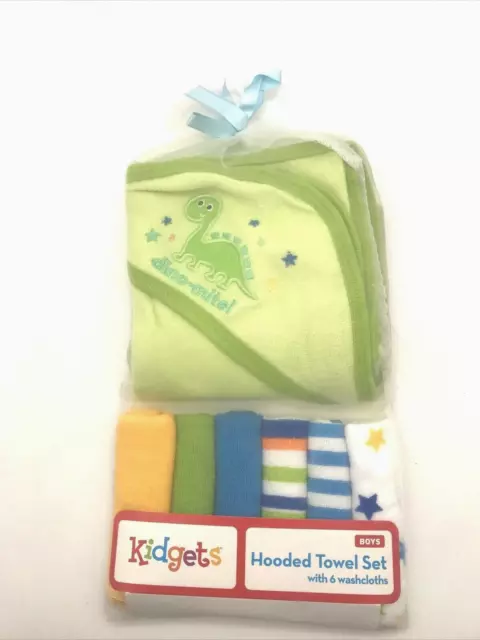 Kidgets Hooded Towel Set w/6 Washcloths Green Dinosaur Print NWT