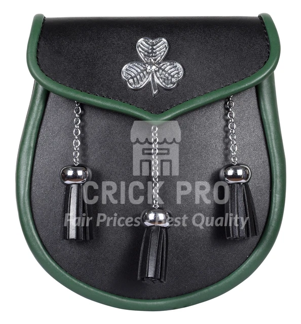 Green Ended Scottish Day Sporran with Shamrock Badge - BLACK Leather Sporran