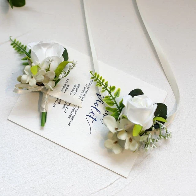 Latious Wedding Bride Rose Wrist Corsage Blue Men Boutonniere Set Bridesmaids...