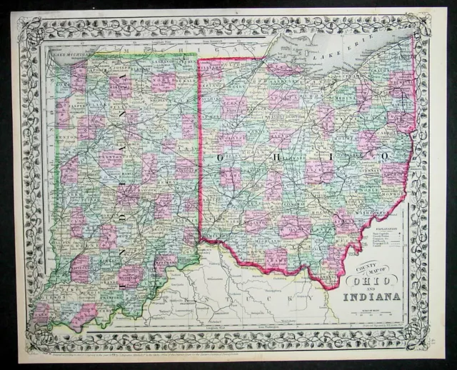 1870 Samuel Augustus Mitchell Antique State Maps of Ohio and Indiana, America