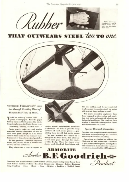 1930 B.F. Goodrich Rubber Products "Outwear Steel Ten To One" Armorite Print Ad