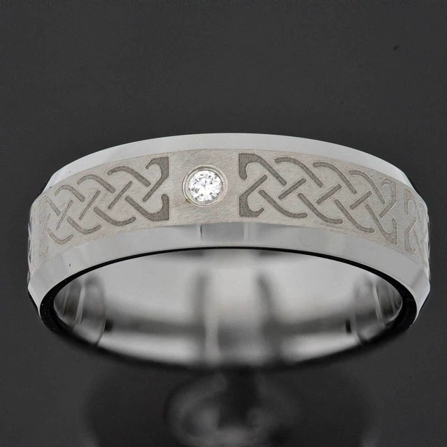 Tungsten 8mm Band Celtic Dragon Round CZ Solitaire Bevel Edge Men Wedding Ring