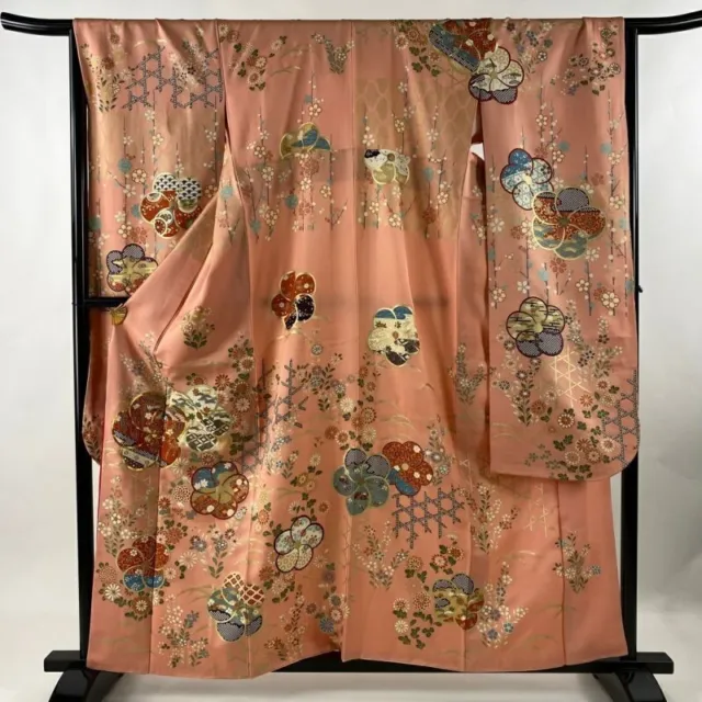 Japanese Kimono Furisode Pure Silk Chinese Plum Flowers And Birds Pink