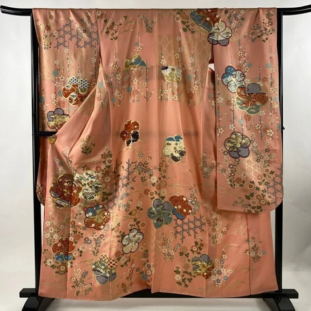 Japanese Kimono Furisode Pure Silk Chinese Plum Flowers And Birds Pink