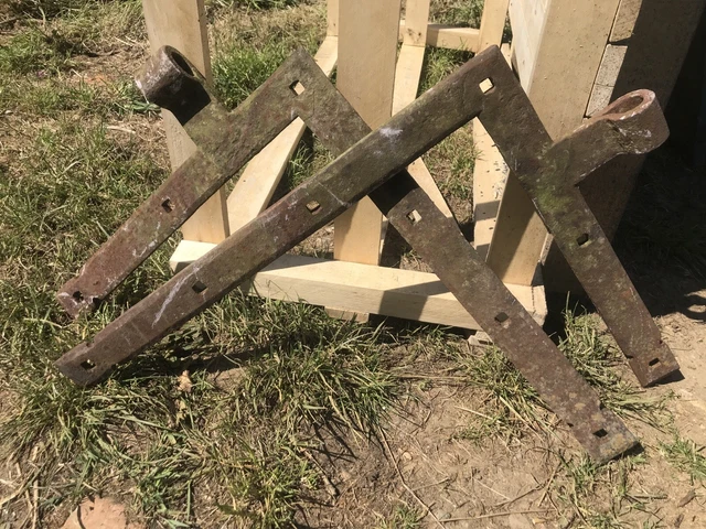 Pair Of Large Vintage Heavy Load “Barn” Door Blacksmith Iron Forged Hinges