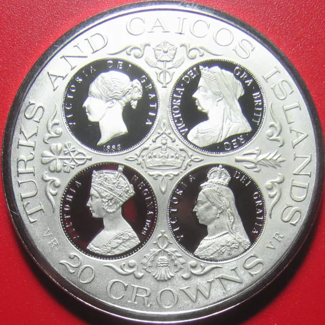 1977 TURKS CAICOS 20 CROWNS 1.17oz SILVER PROOF QUEEN VICTORIA CAMEOS MINT=1,934