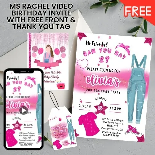Ms. Rachel Themed Birthday Video Invite Free Front & Thank You Tag, Printable
