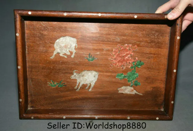 14" Old China Huanghuali Wood Inlay Shell Dynasty Bull Flower Plate Tray dish