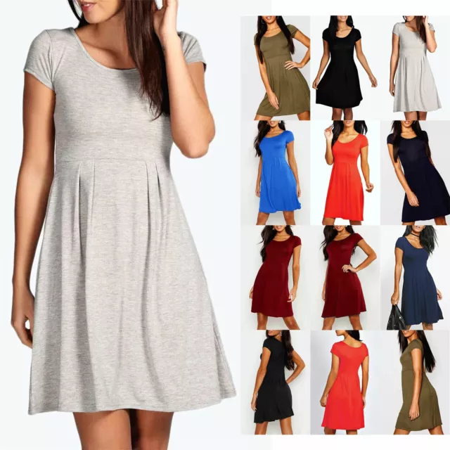 Ladies Round Neck Skater Swing Dress Womens Cap Sleeve Pleated Flared Mini Dress