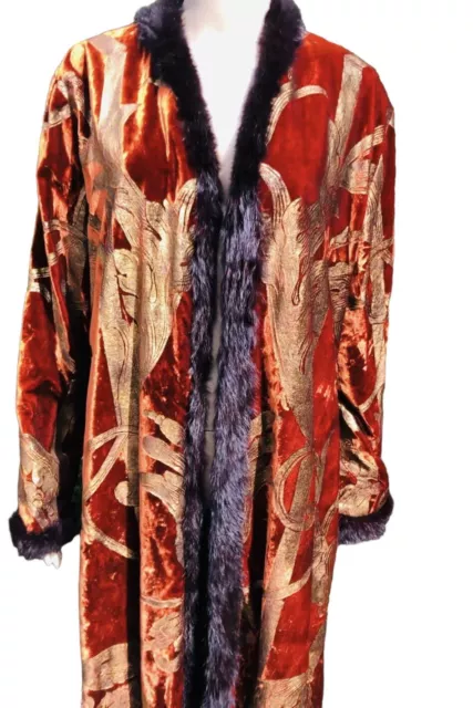 Unisex Bronze and gold painted coat robe with fur trim medallion and scroll