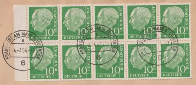 Bund Heuss I, 10Pf, Mi. 183, 10er-Block mit Rand auf Eilbrief MeF Heftchenbl. 10 2