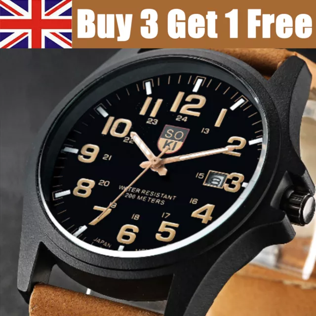 New Men’s Military Leather Date Quartz Analog Army Casual Dress Wrist Watches UK