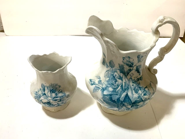 VTG Antique Victorian Laughlin Eagle Over Lion BLUE FLORAL PITCHER & CREAMER?