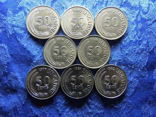 Singapore 50 Cents 1967, 1968, 1972, 1974, 1976, 1977, 1981, 1982, Km5 (8)