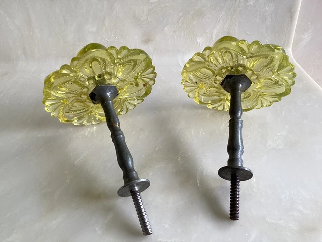 Antique Victorian 2 Pc Bright Yellow Sandwich Glass Curtain Tie Backs & Hardware 4