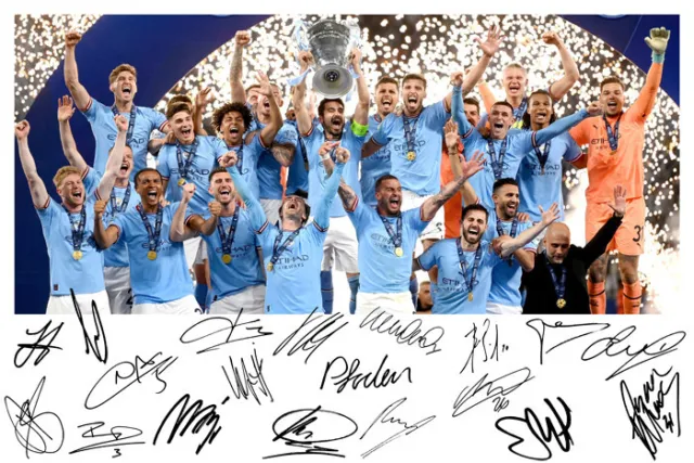 Manchester City Signed A4 Autograph Photo Champions League 2023 Treble Winners