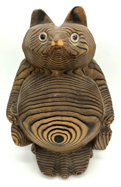 Japanese Vintage Folk Tanuki Racoon Dog Birch Wood Hand Carved Artist Signed