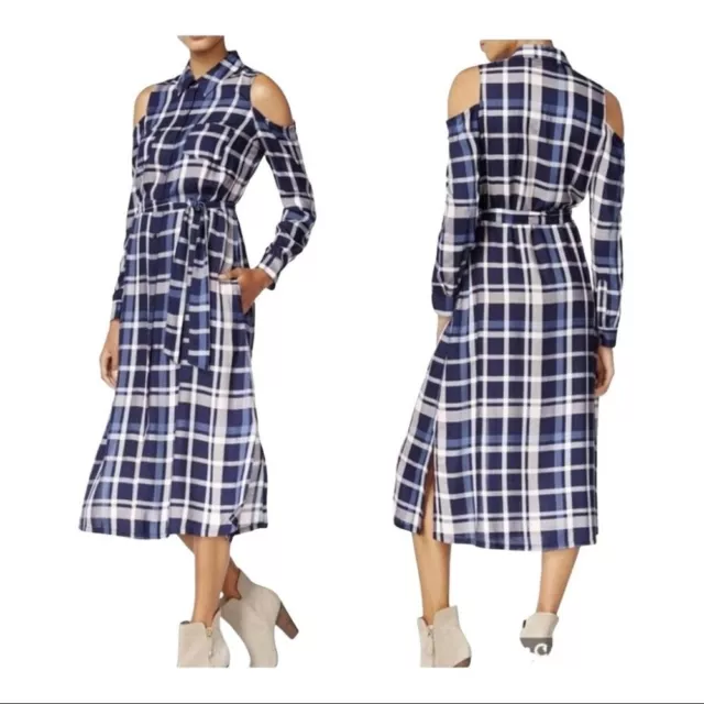 NEW Maison Jules Plaid Cold Shoulder Belted Long Sleeve Midi Dress Women’s Small