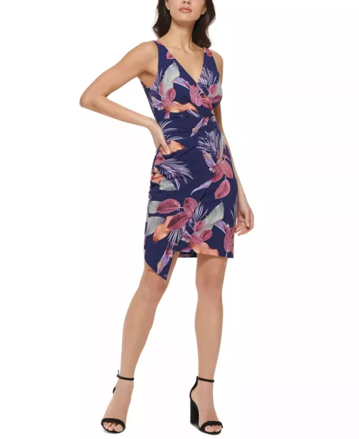 GUESS Dress Size 4 Navy Blue Floral Faux Wrap Pleated Side NWT $108