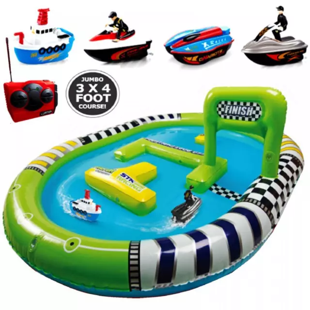 Jumbo Inflatable Pool Twin Radio Remote Control Boat Racing Track Course Toy Set