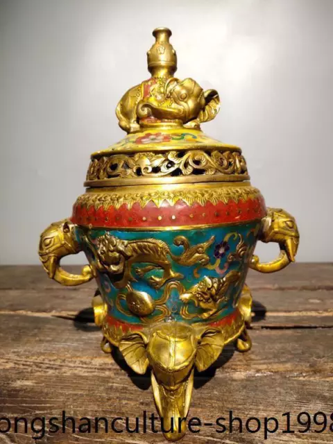 11.2'' Marked China bronze Gilt Cloisonne Elephant foo dog statue incense burner