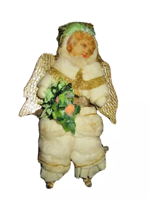 Antique SPUN  cotton Angel Christmas tree ornament-Tinsel -Chromo  -Germany