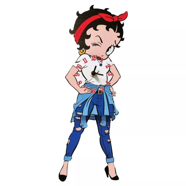 New in Box Betty Boop Swinging Legs Blue Jeans Red Bandana Analog Wall Clock