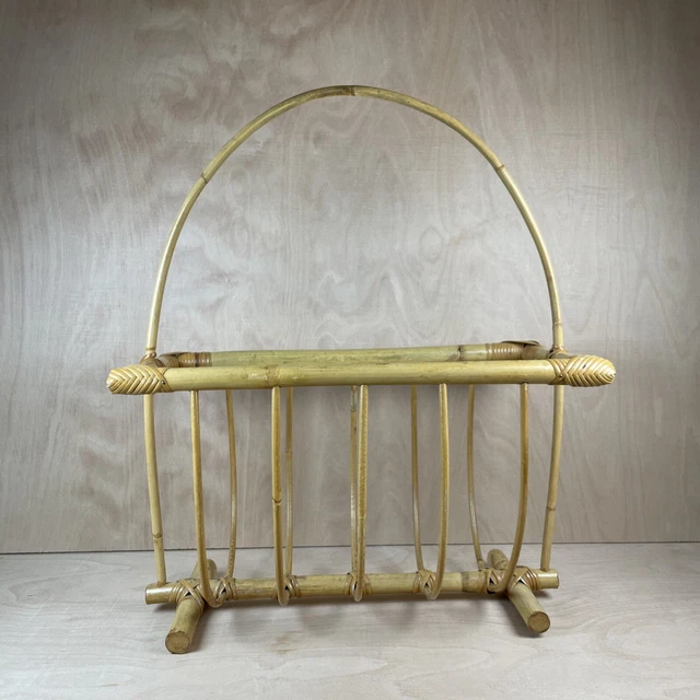 VINTAGE BAMBOO CANE Rattan Magazine Rack Holder Boho Retro Living