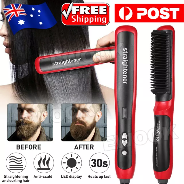 Men Beard Curling Straightener Brush Hair Comb Straightening Show Cap Quick Iron