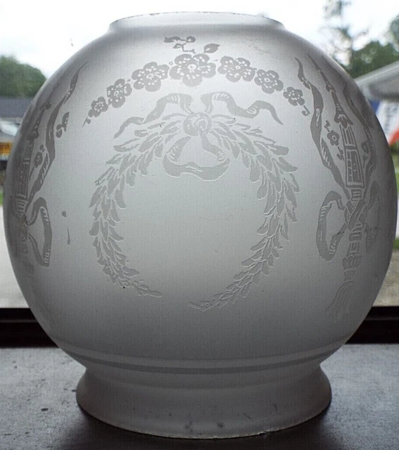 Old Antique GLASS OIL LAMP BANQUET SHADE Mini Ball Frosted FLORAL 3 1/4" Fitter 8