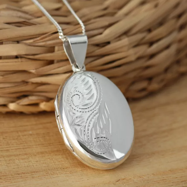 925 Sterling Silver Large Oval Engraved Photo Locket Pendant Necklace Chain Box