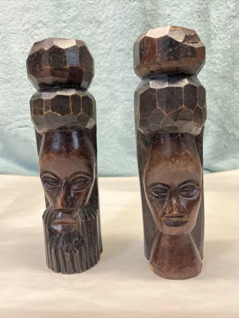 Wooden Tiki Totem Pole Statues Hand Carved Jamaica Engraved Man & Woman