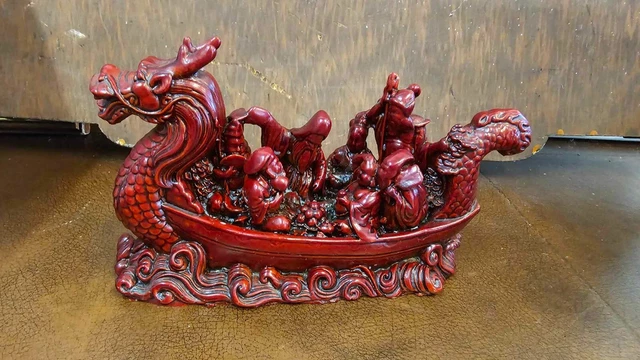 Vintage Chinese Red Resin Dragon Boat Ft. Immortals For Good Fortune & Longevity