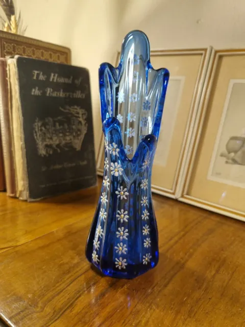 Vintage Cobalt Blue R.O.C Art Glass Swung Five Finger Vase Hand Painted Flowers