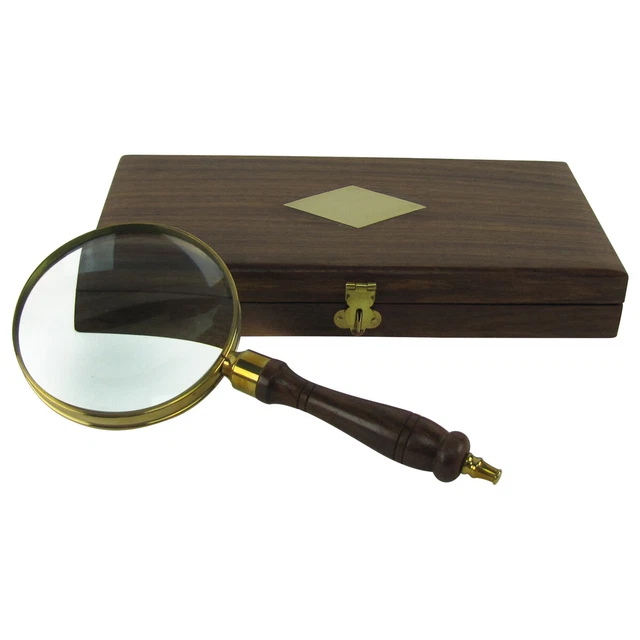 Antique Brass&Wood Turned Hand Lens Magnifying Glass w/ Desktop Box 5x Magnifier