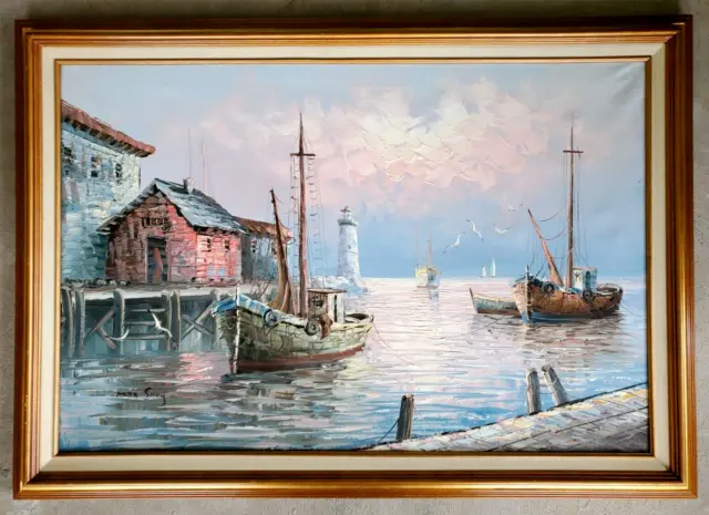 MAX SAVY Original Oil Canvas Painting Fishing Boats Seascape Lighthouse Vintage