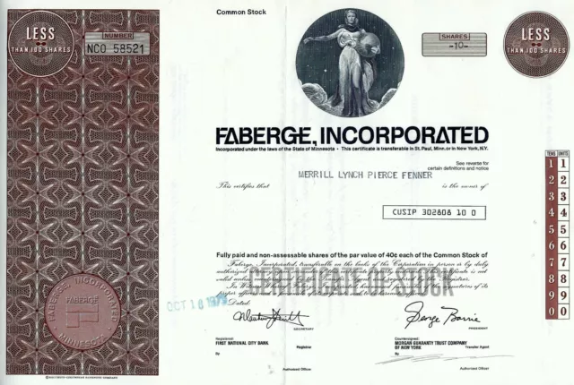 Faberge Incorporated, Minnesota, 1973 (10 Shares) ungelocht / uncancelled
