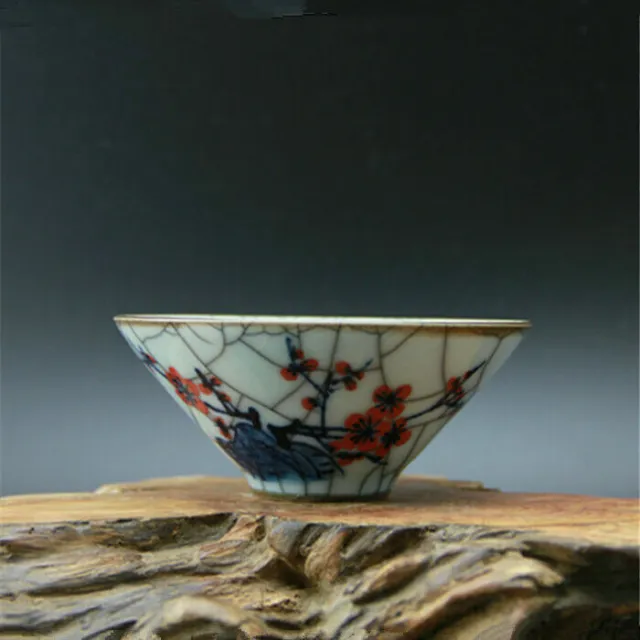 Chinese Crackle Blue and White Porcelain Red Plum Flower Birds Design Bowl 4.53"