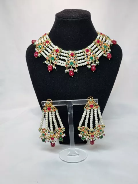 17-10 Indian Pakistani Pearl Hydrabadi Gold Set With Multi Stones