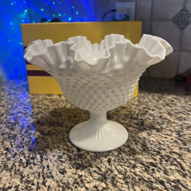 Vintage Fenton Hobnail Milk Glass Ruffled Footed Pedestal Large Compote Bowl