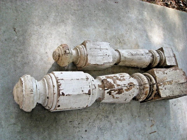 Two Massive Pine NEWEL POSTS, old paint, square nails, 48" x 8" & 45" x 5 3/4"