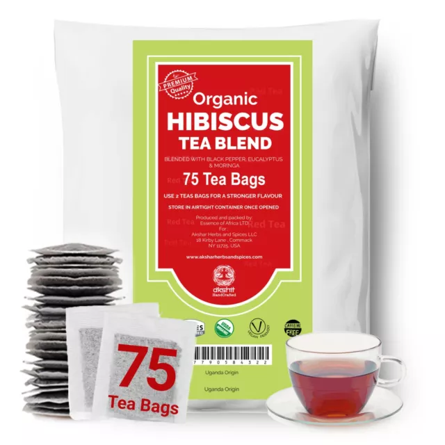 75 Organic Hibiscus Tea Bags, Hibiscus Moringa Tea Blend, Herbal Tea