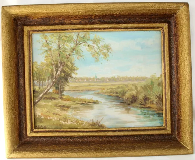 Pintura Aceite Imagen Paisaje Fluß Pueblo Oro Lienzo Marco Firmado H.Richter 58