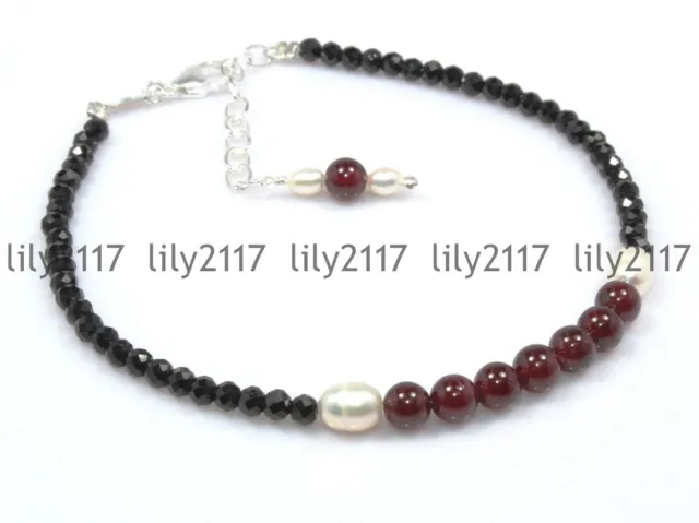 Natural 3mm Faceted Black Spinel White Pearl Red Garnet Gems Round Bracelet 7.5"