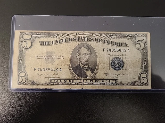 1953b Five Dollar Silver Certificate Note Bill $5 Heavily Circulated