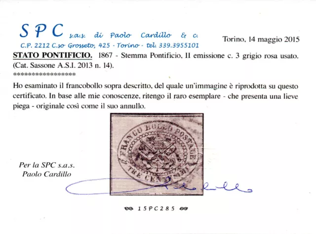 Asi  Antichi Stati Italiani  3 Cent Pontificio Annullato